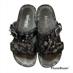 Alegria Leather Adjustable Slide Sandals Peggy Pewter Mosaic Women